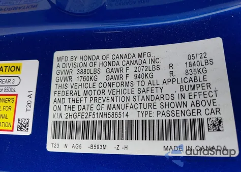 2022 Honda Civic Sport from USA, damaged, VIN 2HGFE2F51NH586514